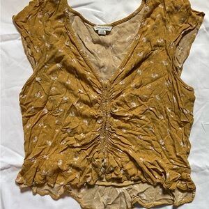 American Eagle Outfitters Yellow Ruched Cap Sleeve Blouse